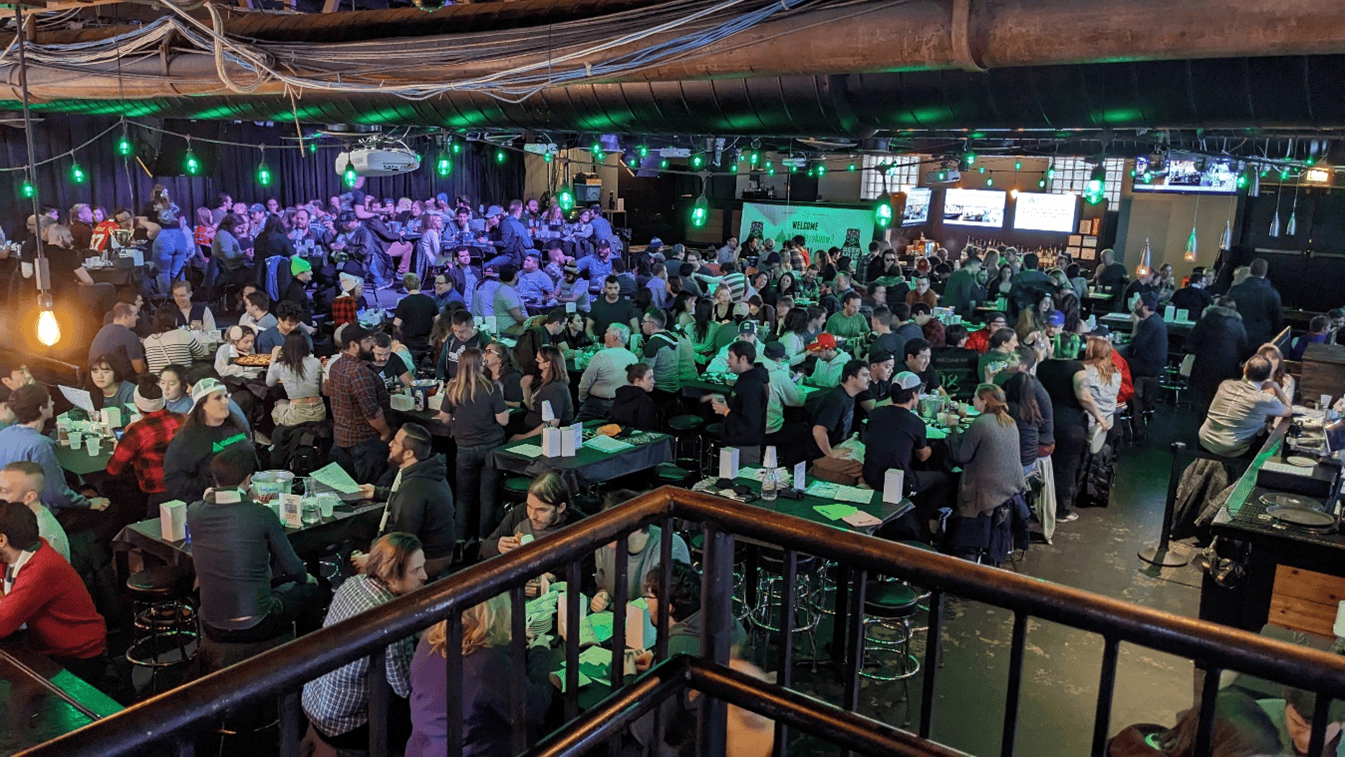 A large group of trivia teams at a bar.