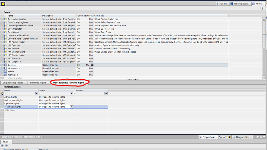 user specific runtime rights settings window