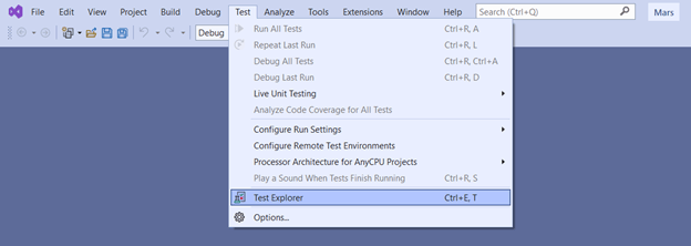 Navigating to the Test explorer in Visual Studio Enterprise