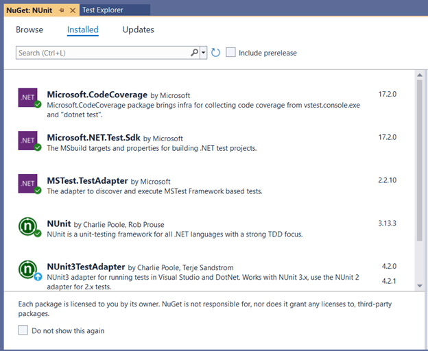 NuGet NUnit window 