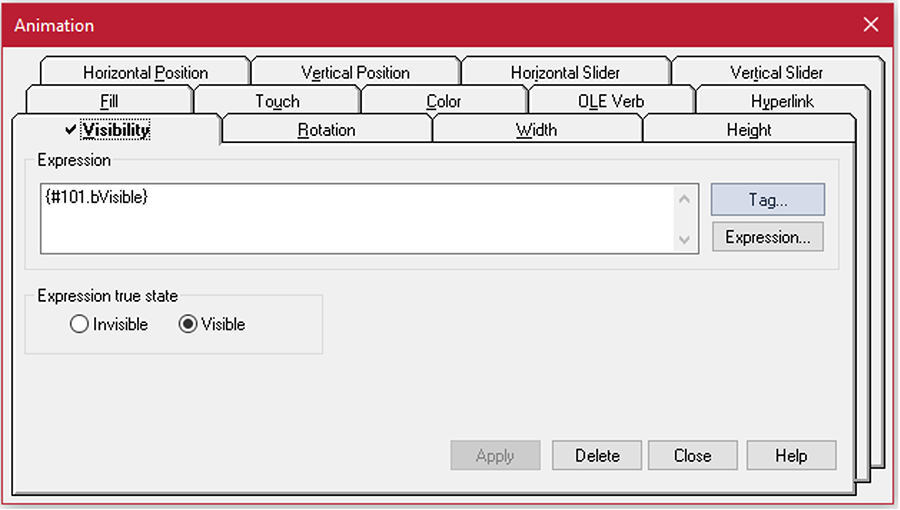 Animation visibility settings window in FactoryTalk View. 