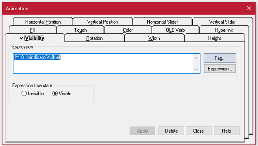 Animation visibility settings window in FactoryTalk View. 