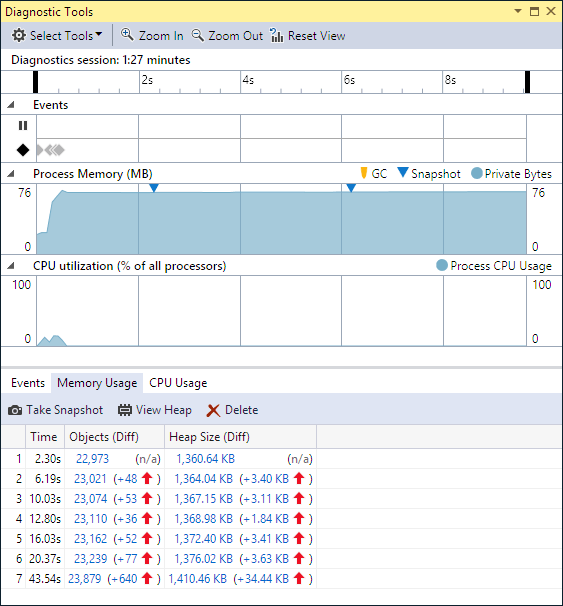 Visual Studio 2015 Diagnostic Tools Window