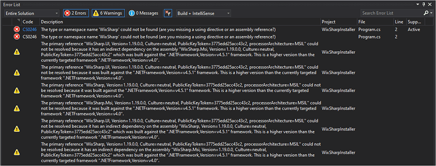 wixsharp error list