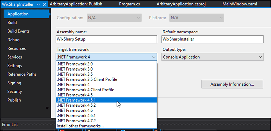 wixsharp installer application settings