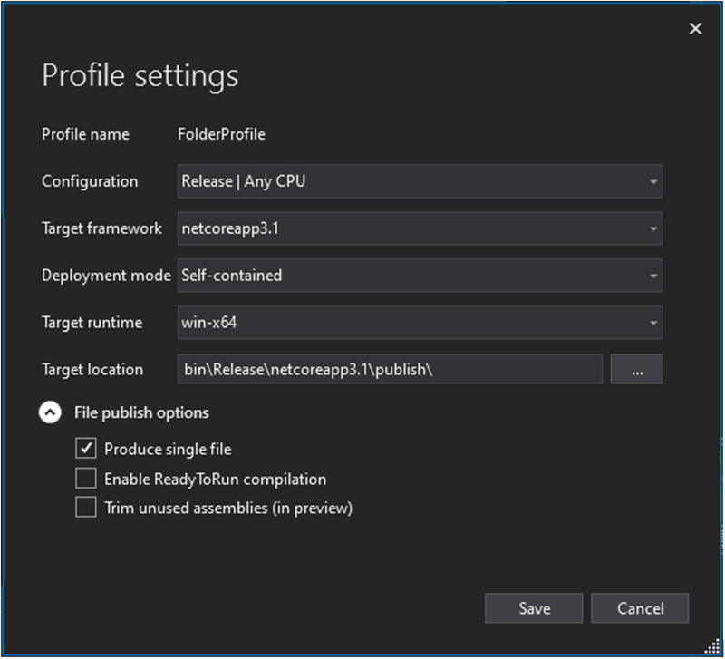 Profile settings window