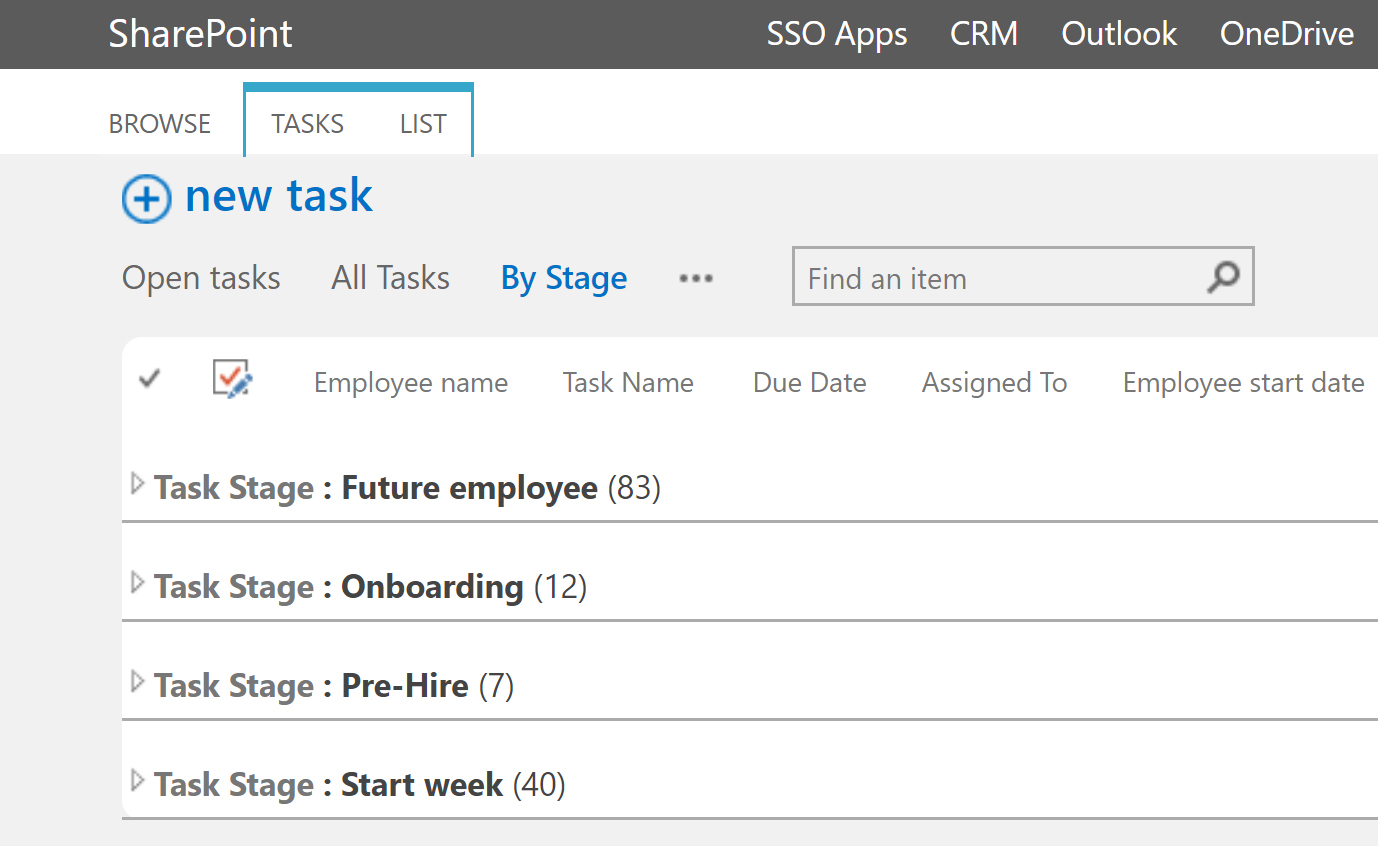 Onboarding Workflow with Tasks Separated by Stages